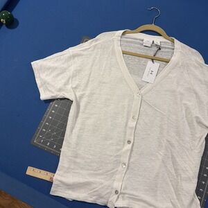 Halston Linen Top Size L White Button-Up V-Neck Beachy - New